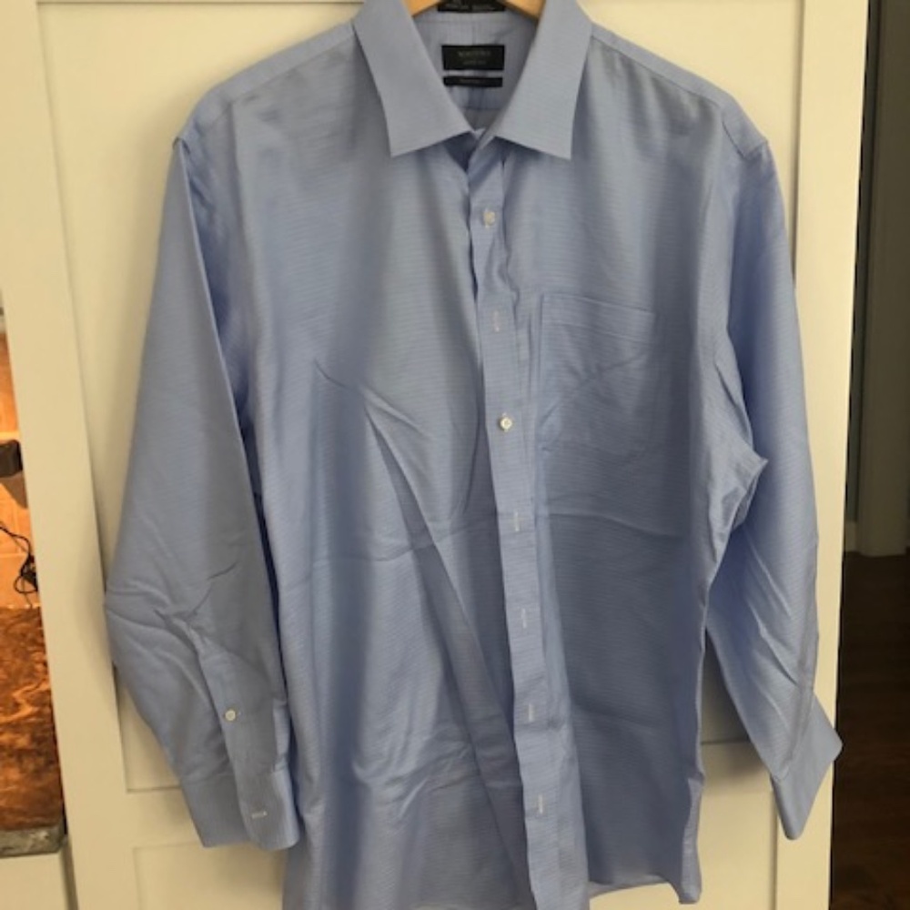 Men's Nordstrom Smartcare Size 18" 34 Sleeve Light Blue Dots Dress Shirt